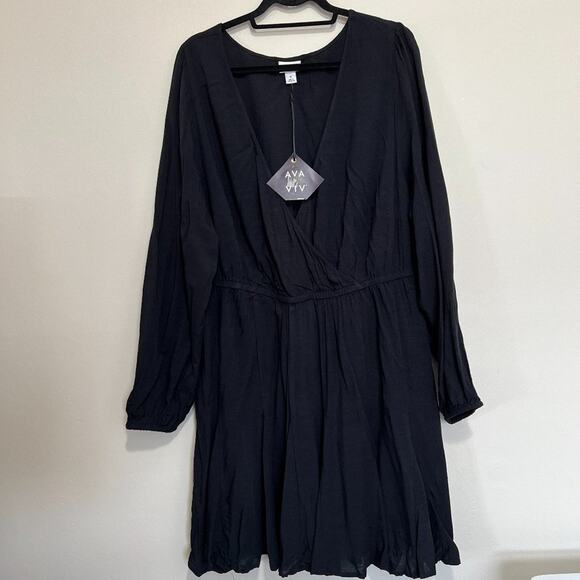 Ava & Viv Plus Balloon Long Sleeve Wrap Dress - Black - 1X - NEW - Picture 1 of 5
